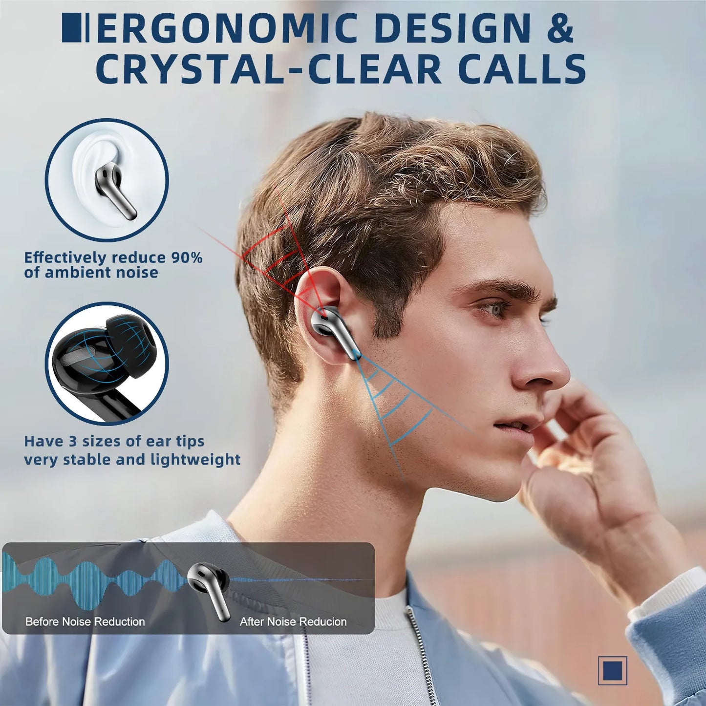 LIFEBEE True Wireless Earplugs, TWS Earphones with Microphone, In Ear Earphones for Work/Gym, Hi Fi Stereo Earphones with LED Di