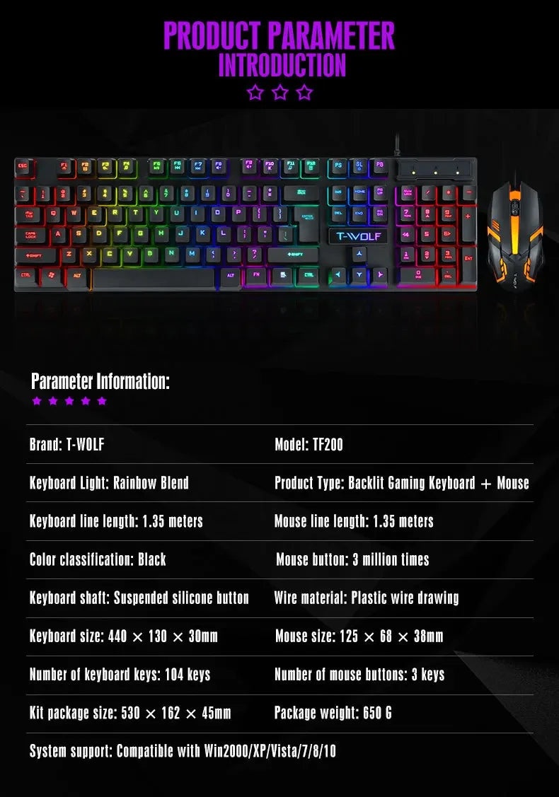 RGB Gaming Keyboard and Mouse Kit Backlit USB Wired Computer Keyboard and Mouse Combo 104 Keycaps for Pc Gamer Laptop